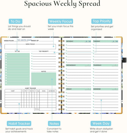Undated Weekly Planner, Hardcover Leather Weekly & Monthly Calendar Blank Planner, To Do List Notebook with Goal & Habit Tracker Organizer, A5 Daily Planner with Spiral Binding, Ideal for Work School Home, Black