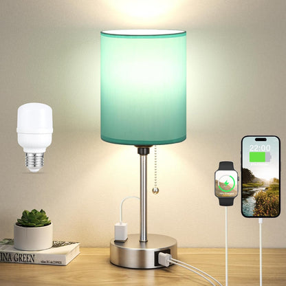 Small Bedside Table lamp for Bedroom - 3 Color Temperatures Bedside Lamps with USB C and A Ports, Pull Chain Table Lamps with AC Outlet, White Nightstand Lamps with Black Metal Base for Kids Reading