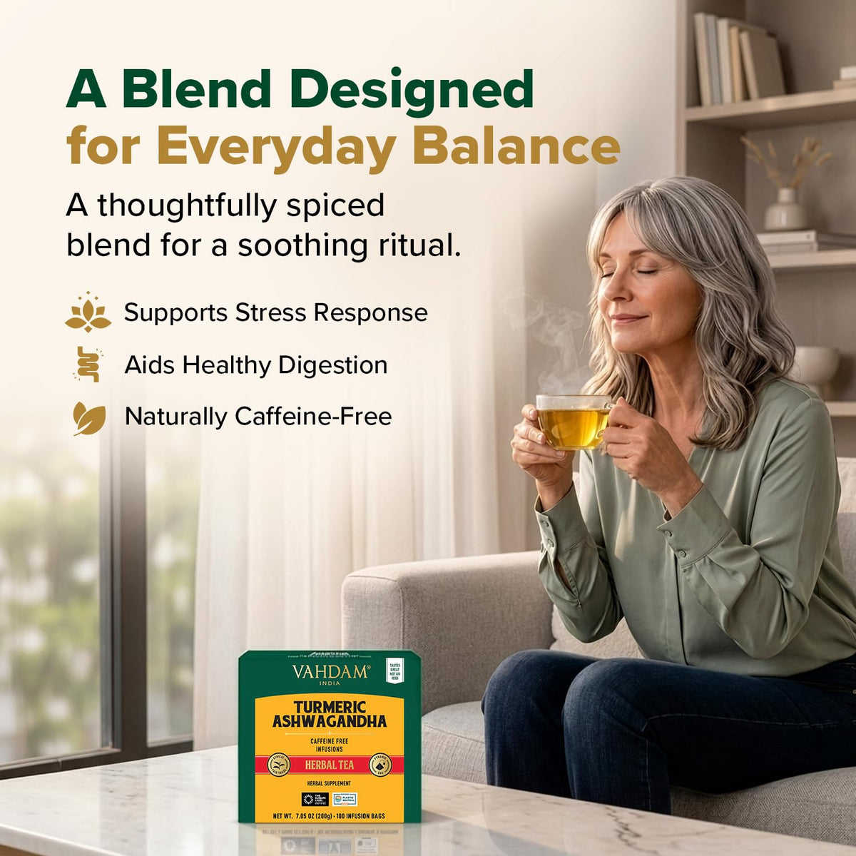 VAHDAM Turmeric Ashwagandha Tea(100 Pyramid Teabag)Caffeine Free Herbal Tea