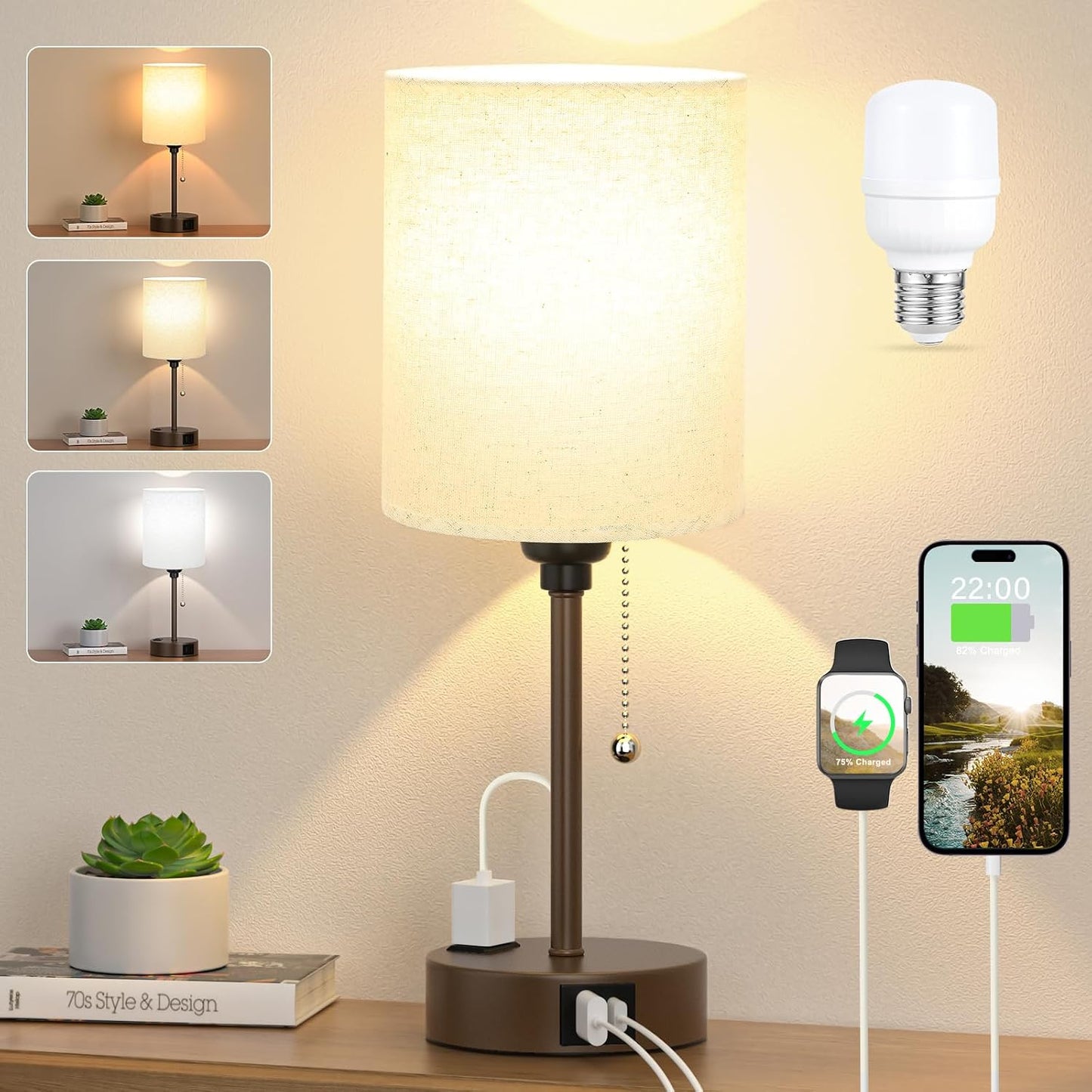 Small Bedside Table lamp for Bedroom - 3 Color Temperatures Bedside Lamps with USB C and A Ports, Pull Chain Table Lamps with AC Outlet, White Nightstand Lamps with Black Metal Base for Kids Reading
