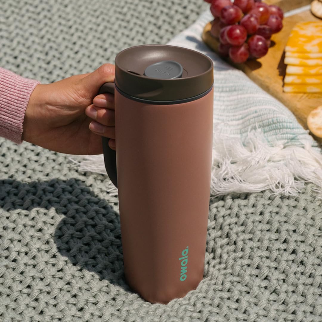 Owala SmoothSip Slider Insulated Stainless Steel Coffee Tumbler, Reusable Iced Coffee Cup, Hot Coffee Travel Mug, BPA Free 12 oz, Pink (Pucker Up)