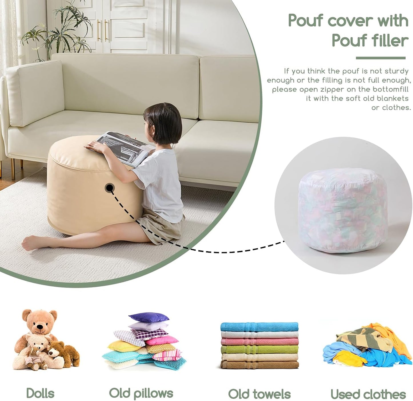 HIGOGOGO Round Stuffed Pouf Ottoman, Pu Leather Poufs with Foam Chunk Filling, Furry and Fluffy Pouf Foot Stool Storage Ottoman, 20 X 15 Floor Poufs Foot Rest for Living Room,Dark Brown