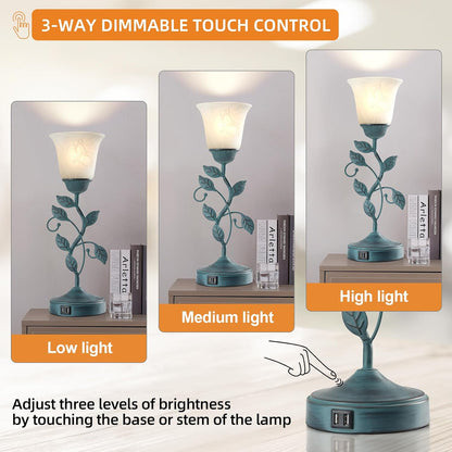 Touch Control Table Lamp with 2 USB Charging Ports, 3-Way Dimmable Bedside Nightstand Lamps, Amber Glass Shade Vintage Rural Leaf Lamp for Living Room, Bedroom, Dresser, LED Bulb Included (Bronze)