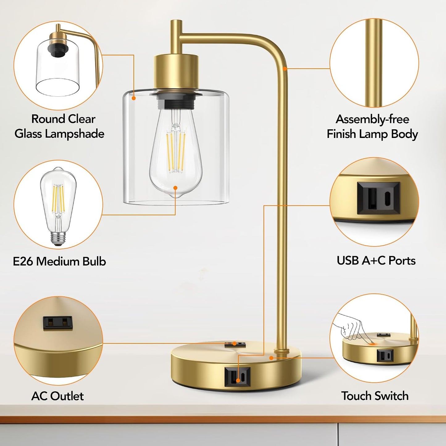 QiMH Industrial Table Lamp for Bedroom Set of 2, Green Glass Beside Lamp with USB A&C Ports, Stepless Dimmable Gold Lamps, Nightstand Lamps for Living Room, Office, Home Decor(Bulb Included)