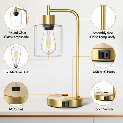 QiMH Industrial Table Lamp for Bedroom Set of 2, Green Glass Beside Lamp with USB A&C Ports, Stepless Dimmable Gold Lamps, Nightstand Lamps for Living Room, Office, Home Decor(Bulb Included)