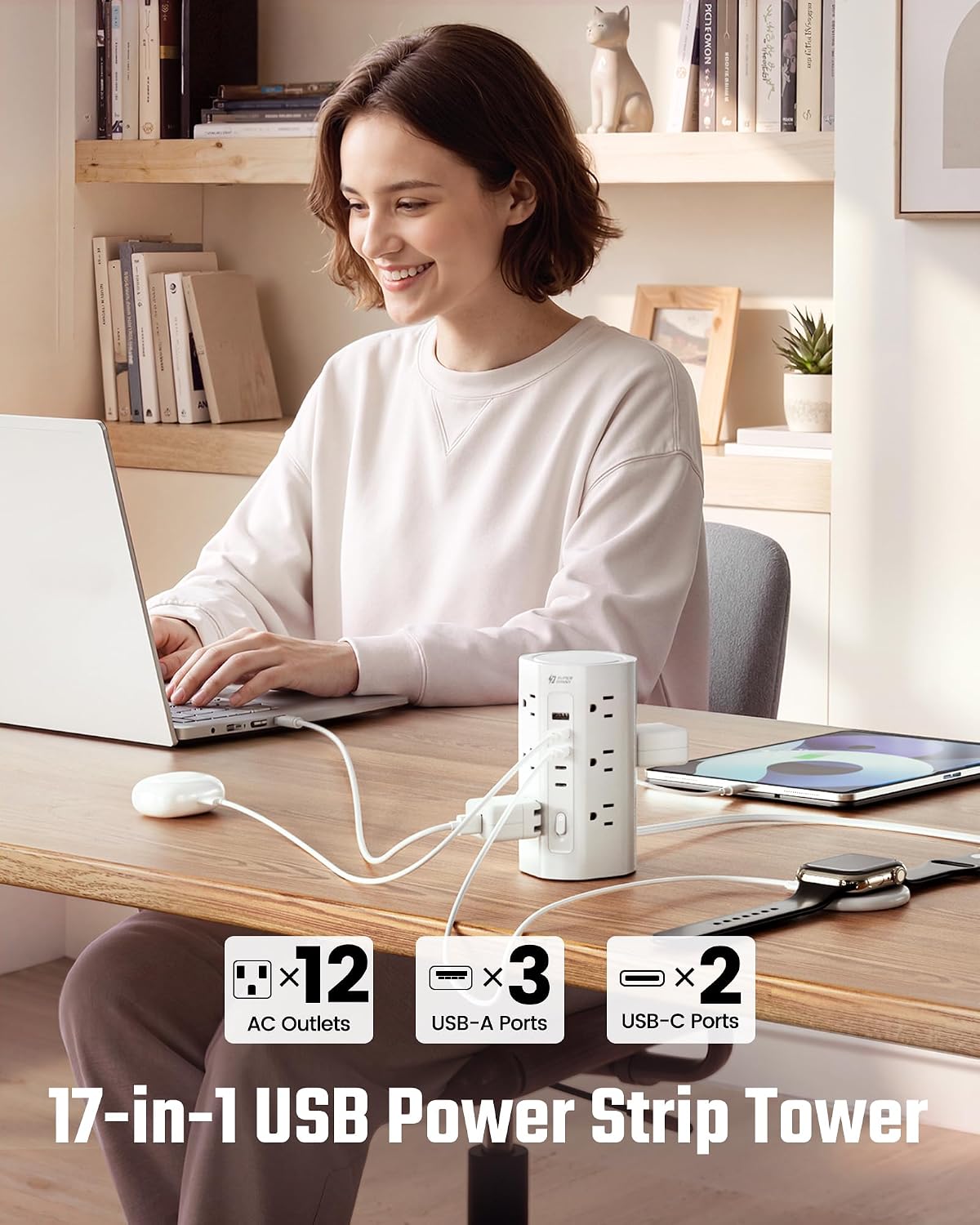10Ft Tower Power Strip, Long Extension Cord, Flat Plug, 1700J, 12 AC 5 USB
