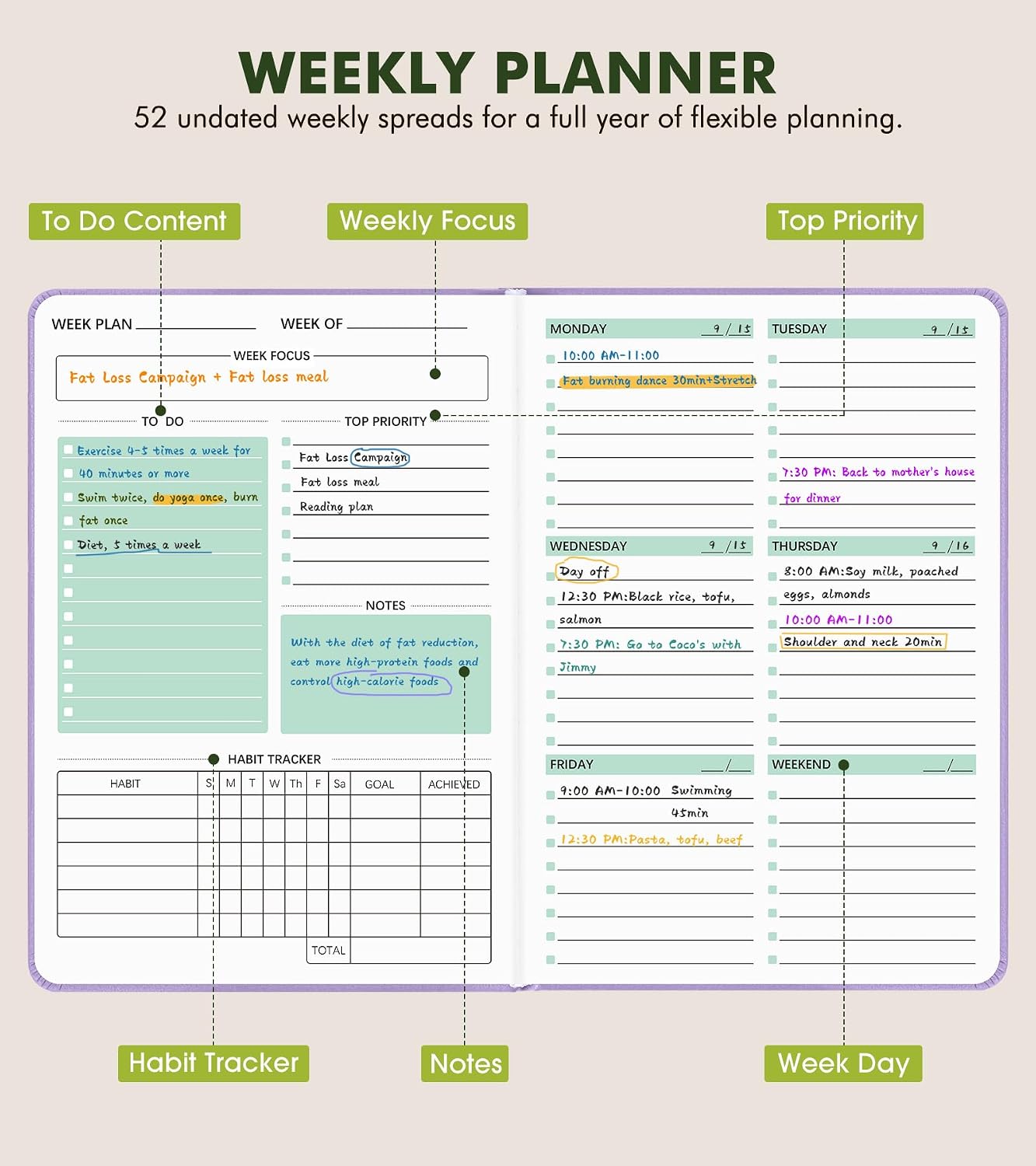 Undated Weekly and Monthly Planner, Hardcover Leather Calendar Blank Planner, Simplified To Do List Notebook with Goal & Habit Tracker Organizer, A5 Daily Weekly Planner for Work School Home, Black