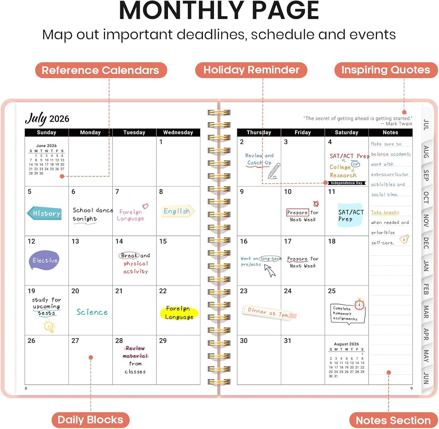 Planner 2026-2027 for Women & Men, Academic Monthly and Weekly Calendar Planner, Jul 2026 - Jun 2027, A5 (6.3" x 8.5"), Teacher Student Planning Book with Tabs, Ideal for Office School Supplies - Pink