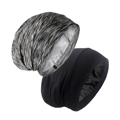 Silk Satin Lined Bonnet Sleep Cap - Adjustable Stay on All Night Hair Wrap Cover Slouchy Beanie for Curly Protection Women and Men Solid Black