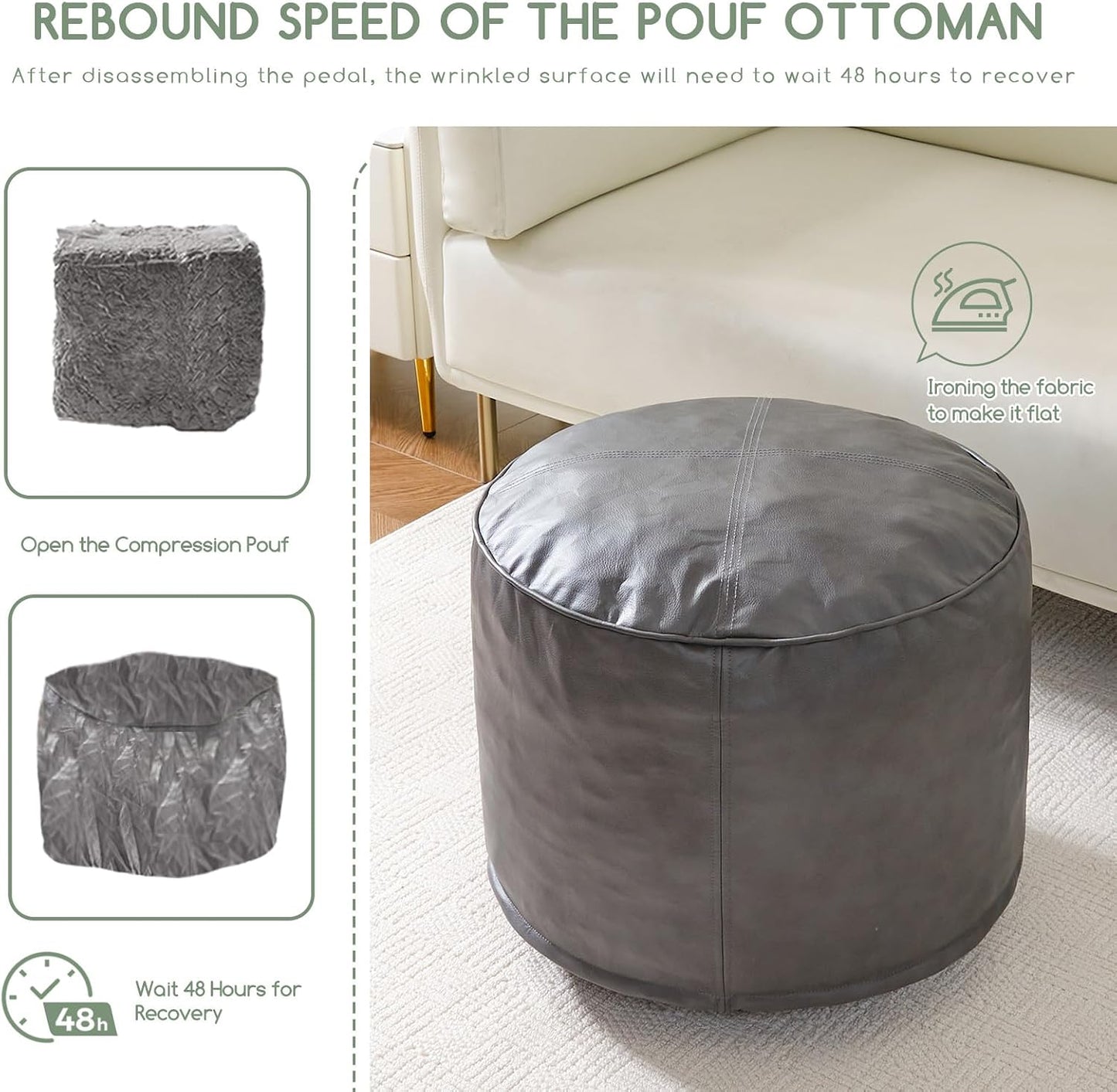 HIGOGOGO Round Stuffed Pouf Ottoman, Pu Leather Poufs with Foam Chunk Filling, Furry and Fluffy Pouf Foot Stool Storage Ottoman, 20 X 15 Floor Poufs Foot Rest for Living Room,Dark Brown