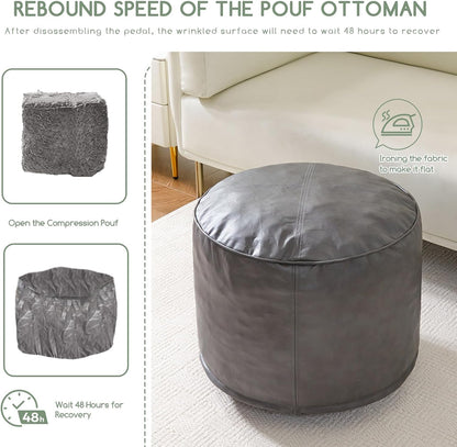 HIGOGOGO Round Stuffed Pouf Ottoman, Pu Leather Poufs with Foam Chunk Filling, Furry and Fluffy Pouf Foot Stool Storage Ottoman, 20 X 15 Floor Poufs Foot Rest for Living Room,Dark Brown