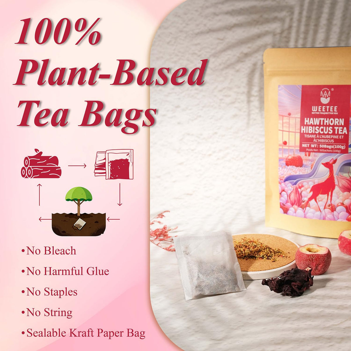 WT WEETEE Hawthorn Hibiscus Tea Bags 50ct, Caffeine-free Herbal for Heart