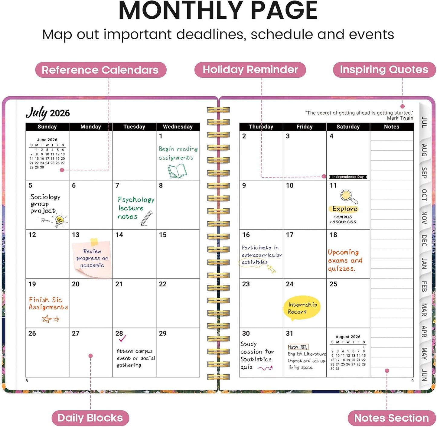 Planner 2026-2027, Academic Monthly and Weekly Calendar Planner for Women, July 2026 - June 2027, Hardcover Pretty Agenda Planner Book with Tabs, Spiral Daily Organizer for School Office Home Supplies, 6.3" x 8.5" - Blue Floral