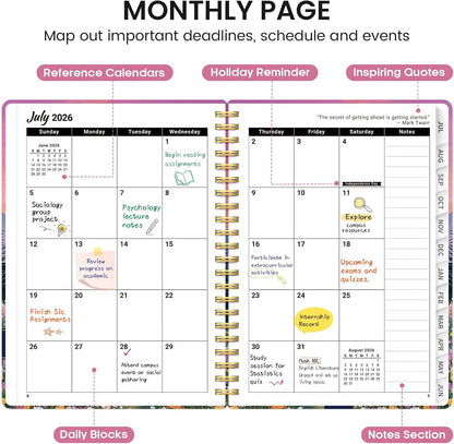 Planner 2026-2027, Academic Monthly and Weekly Calendar Planner for Women, July 2026 - June 2027, Hardcover Pretty Agenda Planner Book with Tabs, Spiral Daily Organizer for School Office Home Supplies, 6.3" x 8.5" - Blue Floral