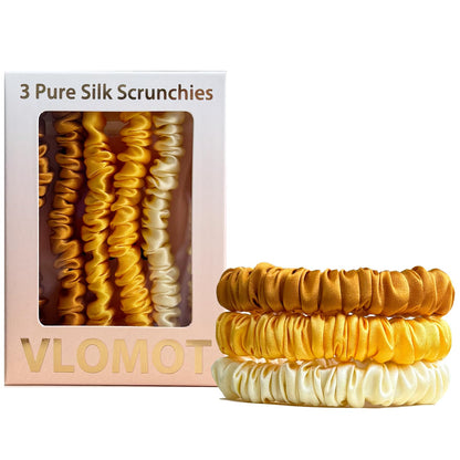 VLOMOT 3 Pcs Set 100% Pure Mulberry Silk Hair Scrunchies Hair Ties with 3 Chic Colors Everyday Skinny Scrunchies Silk Ponytail Holders Hair Care No Damage (Blue)