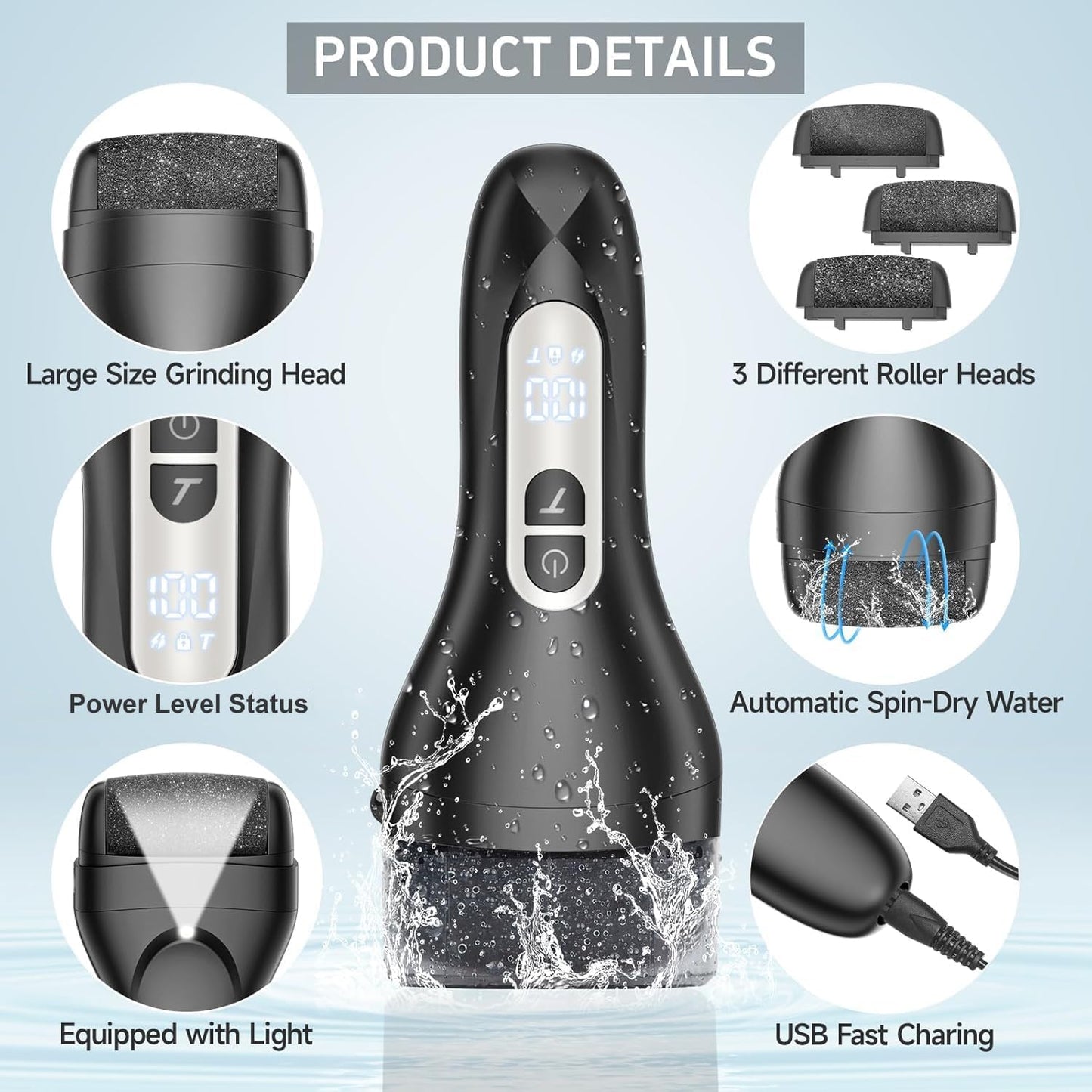 Electric Callus Remover for Feet,Professional Pedicure Kit Rechargeable Foot File Hard Skin Remover for Cracked Heels &Dead Skin,with 3 Roller Heads 2 Speed(White N9)