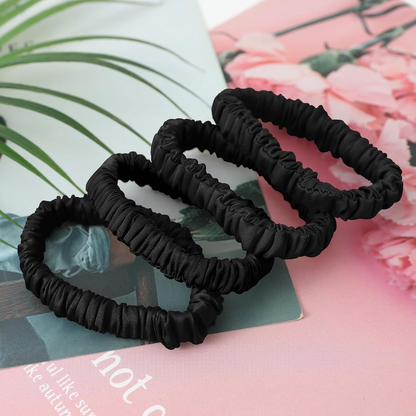 4Pcs Mulberry Silk Scrunchies Set, Silk Hair Ties Elastic for Women, Skinny Scrunchies Reduces Breakage for All Hair Types