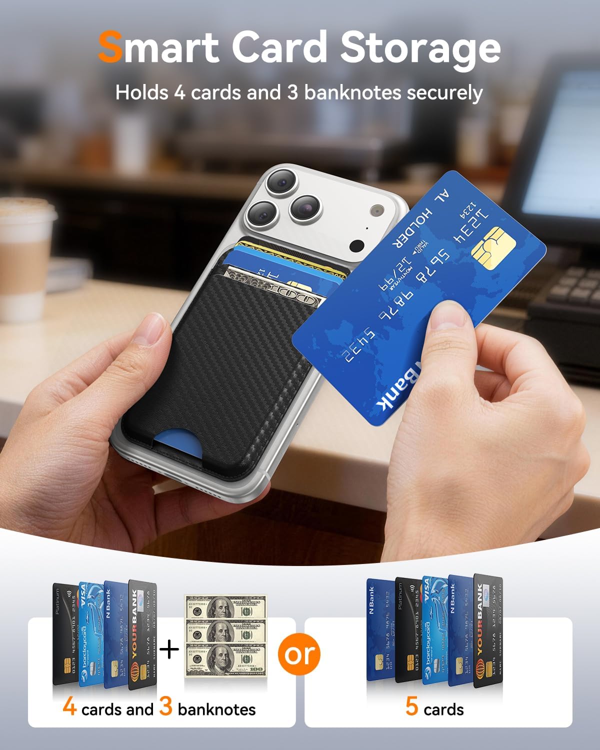 for MagSafe Wallet, Works with Apple Find My,4 Card Holder, Magnetic Phone Wallet for iPhone 18/17/16/15/14/13/12 Pro Max Air Plus Series, RFID Blocking Vegan Leather,Black