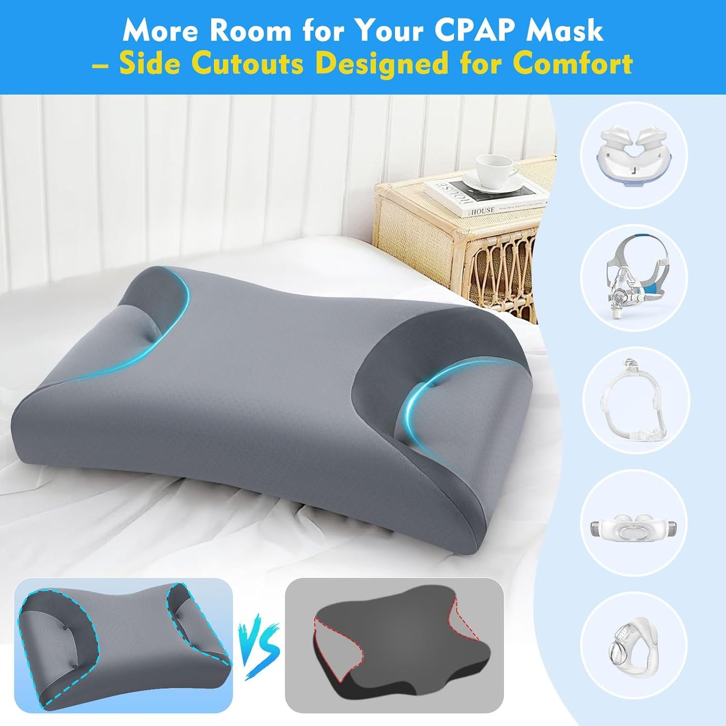 Adjustable CPAP Pillow for Side & Back Sleepers – Reduce Mask Air Leaks & Pressure, Cervical Memory Foam Neck Support with 2cm Removable Insert, Cooling Washable Cover – Fits Full Face & Nasal Masks