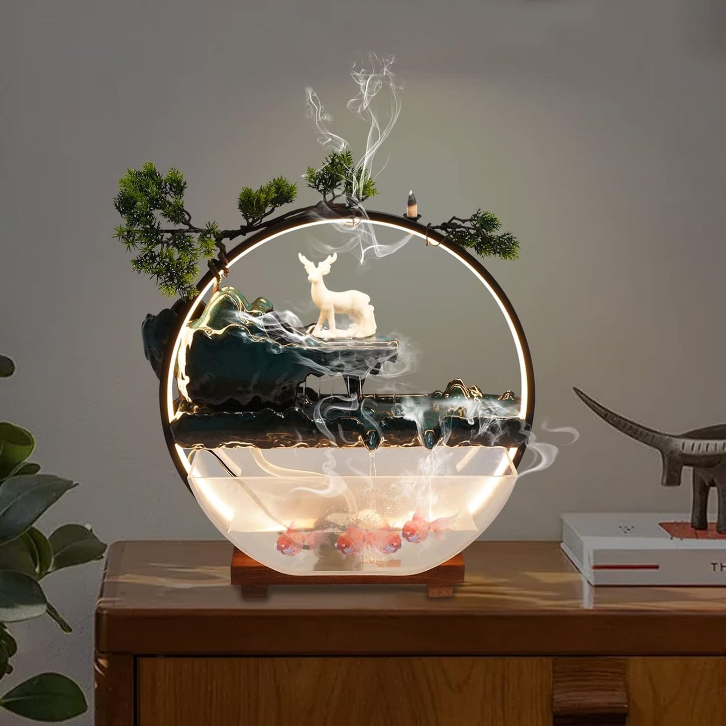 Mini Artificial Bonsai Tree Waterfall Fog Feature Rock Tabletop Fountain | 11in Desktop Decor Waterfall Fountain W/ Water Pump& Atomizer&LED Lights &Fake Tree Office Bedroom Relax