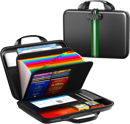 Fireproof Document Organizer with Lock, Semi-Rigid EVA Shell File Box with 13-Pocket Accordion Folder, Water-Resistant Storage for Important Documents, Passports & Certificates