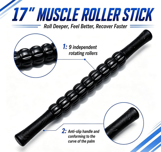 Muscle Roller Stick - A Full-Body Massage Roller that Can Relieve Muscle Soreness, Cramps and Tension After Exercise. It is a Handheld Physical Therapy and Recovery Tool（Black）