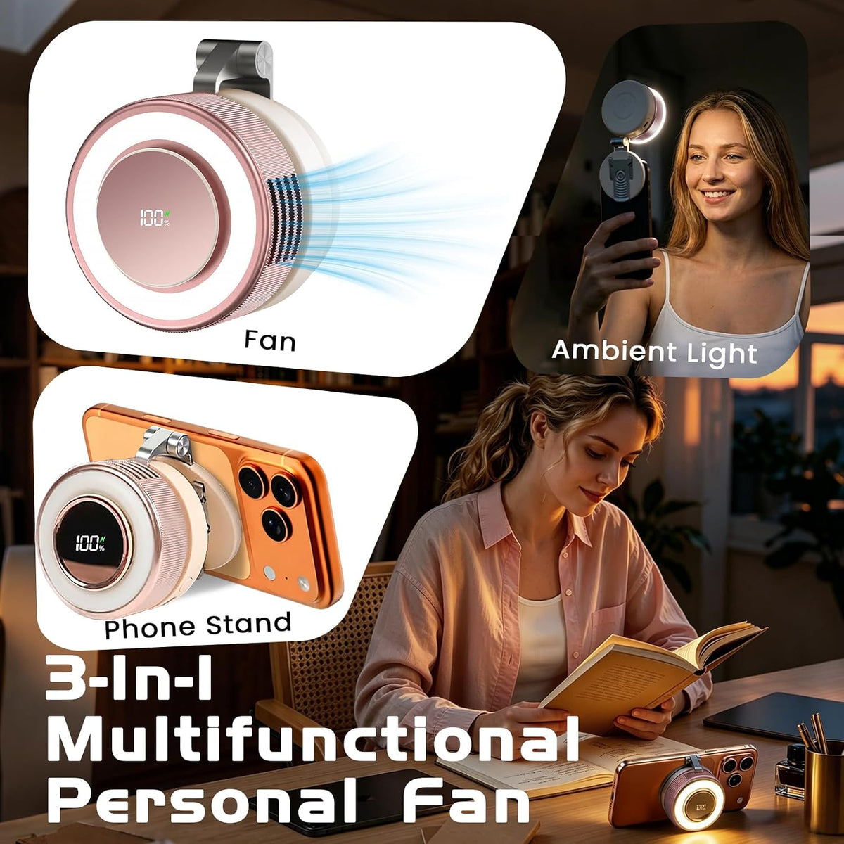 Portable Clip-On Fan, Mini USB Rechargeable 360° Rotatable Fan, Personal Fan 3-Speed Silent Mini Bladeless Fans (White)