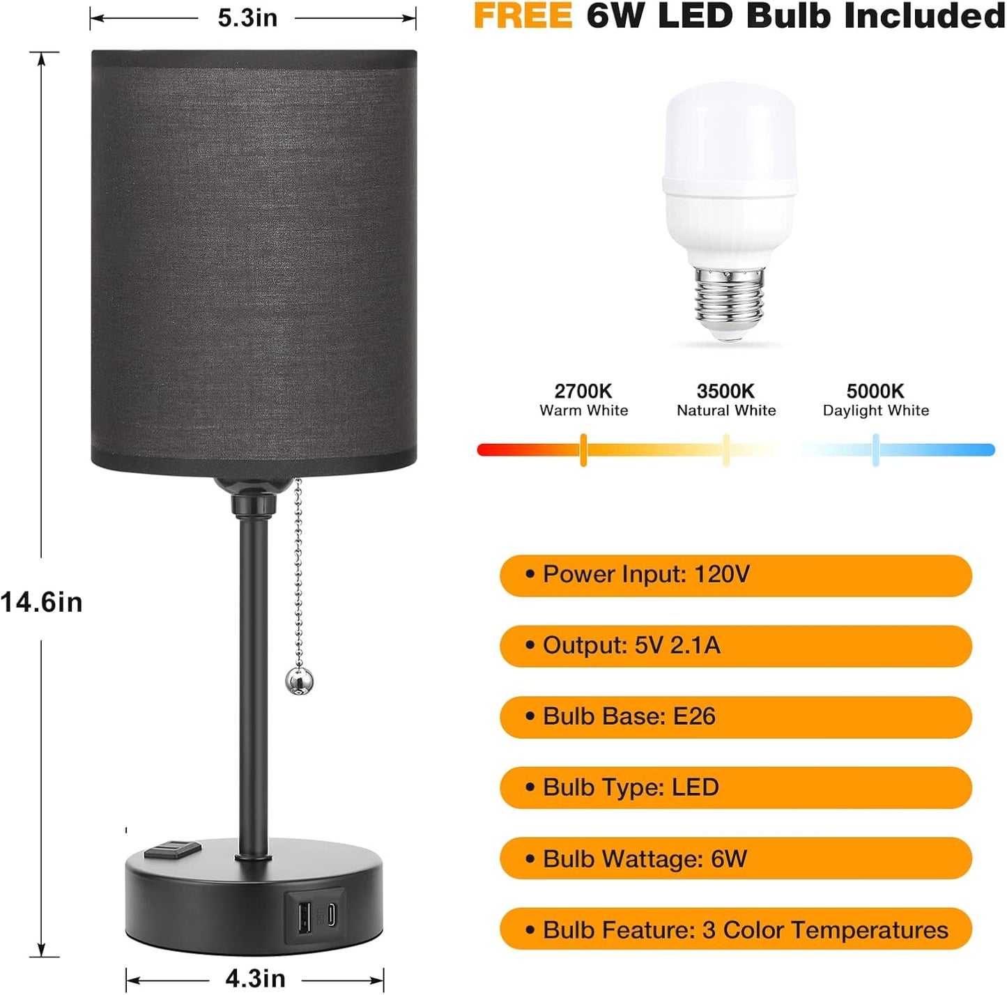 Small Bedside Table lamp for Bedroom - 3 Color Temperatures Bedside Lamps with USB C and A Ports, Pull Chain Table Lamps with AC Outlet, White Nightstand Lamps with Black Metal Base for Kids Reading