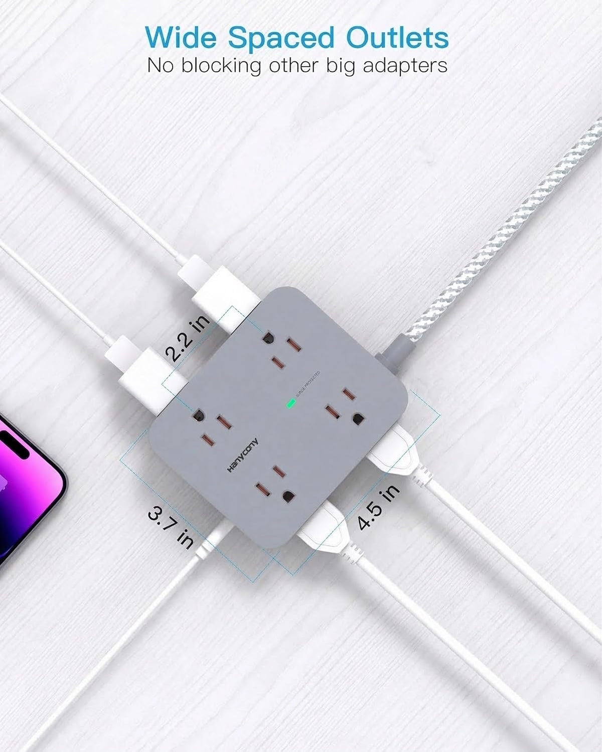HANYCONY Surge Protector Power Strip, 1080J, 5 Ft Braided Extension Cord
