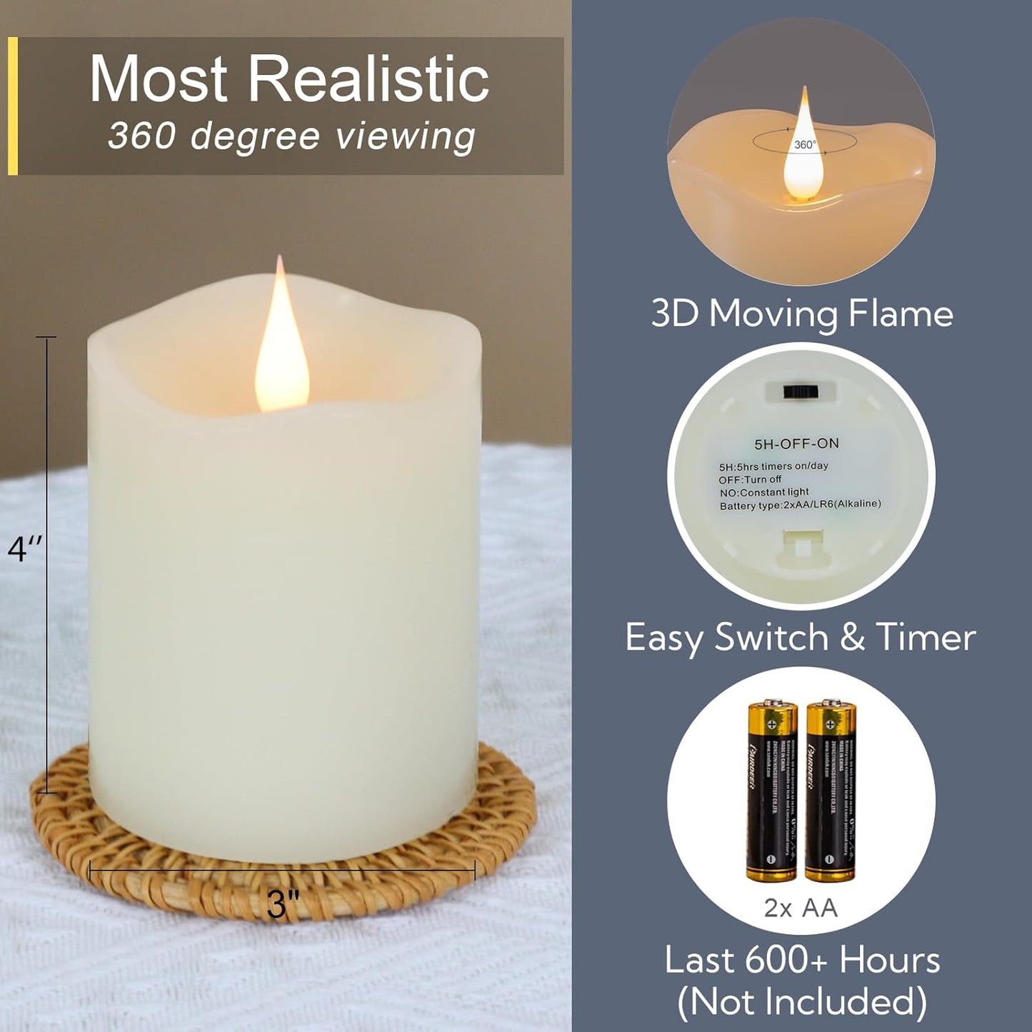 TECHLONG Flameless Candles Battery Operated with Timer, 3D Moving Flame Flickering, Last 600+ Hours Battery Candles, 3" x 3" Ivory Real Wax Electric LED Candle for Wedding Party Decorations