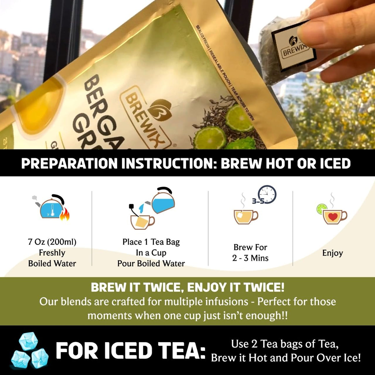 BREWIX, Earl Grey Green Tea (25 Whole Leaf Pyramid Tea Bags) | Bergamot Green Tea, Bright and Citrusy | Caffeinated, Sugar Free Tea Loose Leaf Earl Grey Green Tea With Pure Bergamot | High Elevation Grown | Hot or Iced