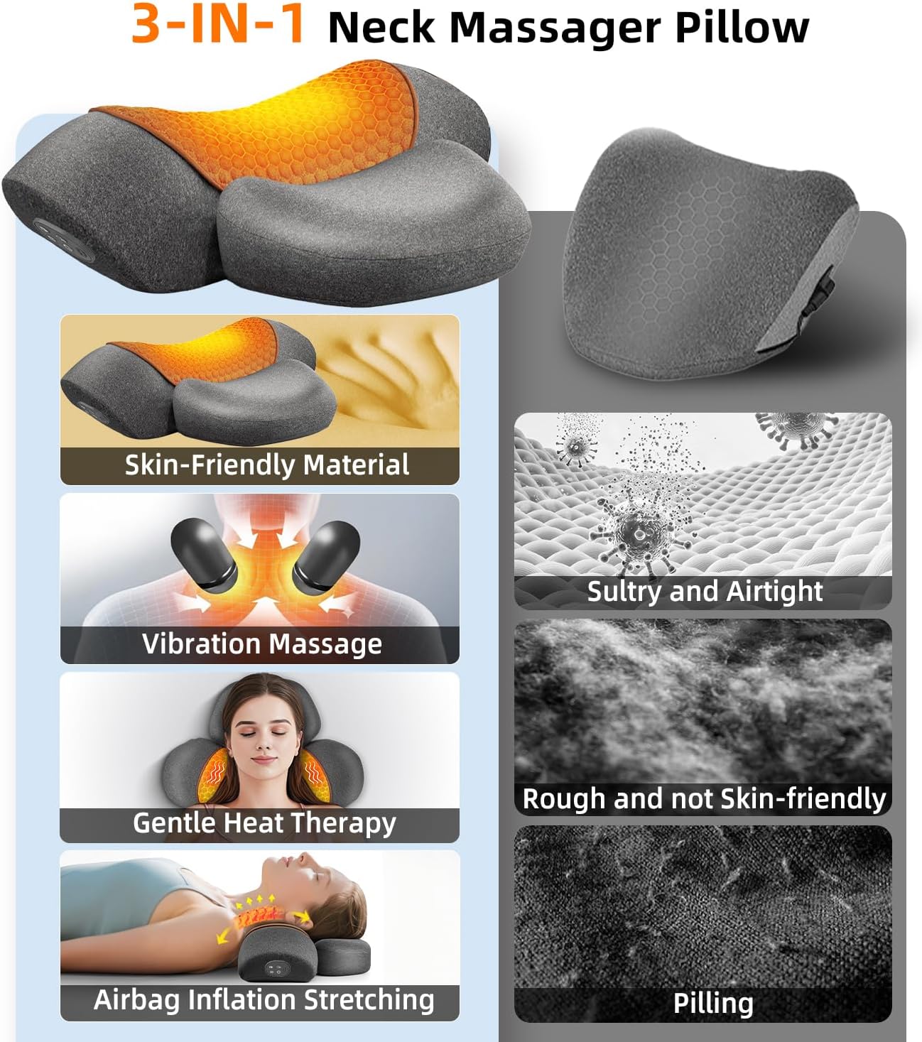 Upalled Cordless Heated Neck Massager Pillow for Pain Relief Deep Tissue, 3-in-1 Rechargeable Neck Cervical Traction Device with Heat, Massage, Electric Stretch, Ergonomic Shoulder Relaxer,Grey