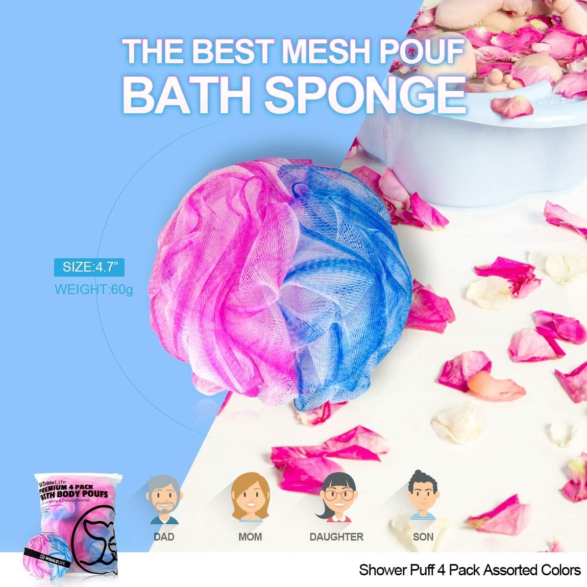 WhaleLife Loofah Bath Sponges - Black Gentle Exfoliating Shower Loofah for Rich Lather, Durable Mesh Body Scrubber for Men & Women 4 Pack