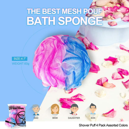 WhaleLife Loofah Bath Sponges - Black Gentle Exfoliating Shower Loofah for Rich Lather, Durable Mesh Body Scrubber for Men & Women 4 Pack