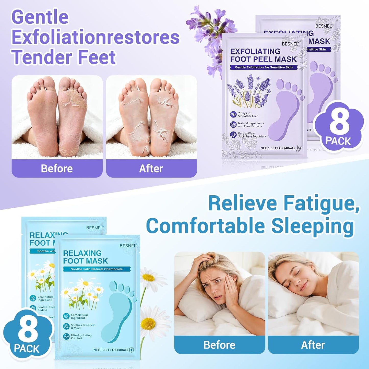 8 Pack Moisturizing Foot Mask,Hydrating Foot Masks for Dry Cracked Feet,Soothing Dry Skin Moisturizer Socks for Baby Soft Feet,Teacher Appreciation Gifts,Foot Care Spa Gifts for Women Men(4 Styles)