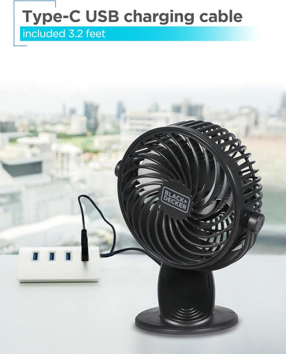BLACK+DECKER 4" Convertible Cooling Fan, 3-Speed, Type-C USB, 2-Pack, Black