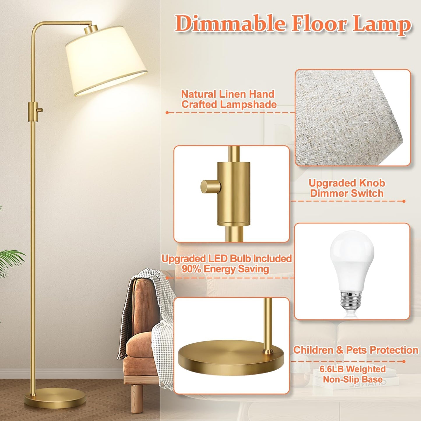 【Upgraded】 Dimmable Floor Lamp, 1000 Lumens LED Edison Bulb Included, Arc Floor Lamps for Living Room Modern Standing Lamp with Linen Shade, Tall Lamp for Bedroom Office Dining Room- Black