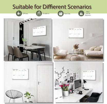 Glass Colorful Weekly Dry Erase Board for Wall,Weekly Planner Whiteboard for Wall 24"x18",Frameless Mounting,Medium Weekly Wall Calendar Dry Erase for Office/School/Home