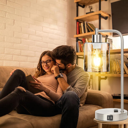 Set of 2 Industrial Touch Control Table Lamps with USB C+A Ports and AC Outlet - 3-Way Dimmable Black Bedside Lamps Nightstand Desk Lamps for Bedroom Living Room, Glass Shade & 2 LED Bulbs Included