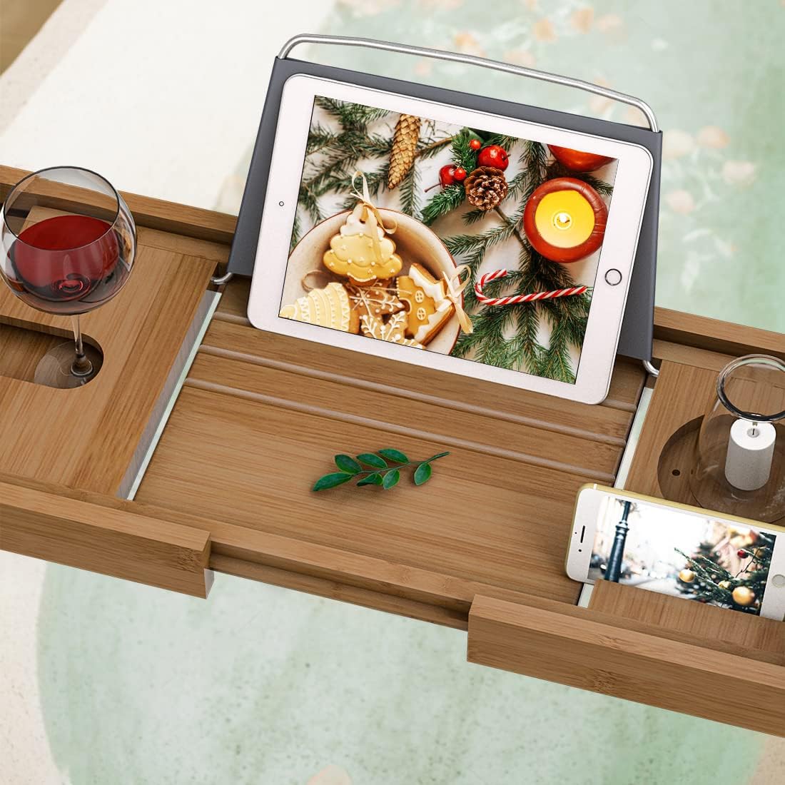 Bath Caddy Tray for Bathtub - Bamboo Adjustable Organizer Tray for Bathroom with Free Soap Dish Suitable for Luxury Spa or Reading