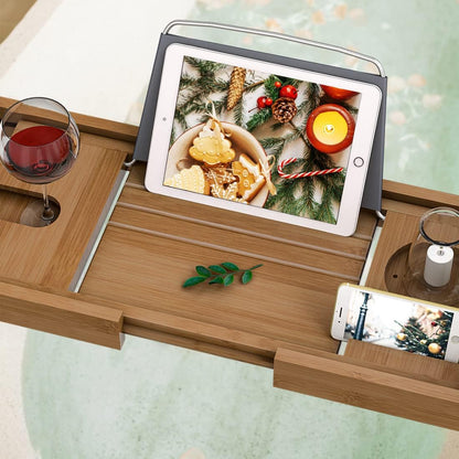 Bath Caddy Tray for Bathtub - Bamboo Adjustable Organizer Tray for Bathroom with Free Soap Dish Suitable for Luxury Spa or Reading