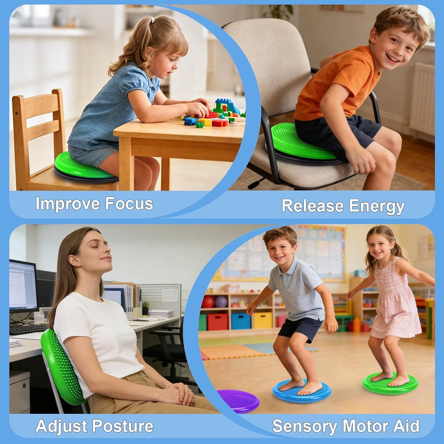 Wiggle Seat Cushion,Fimeetoy Sensory Spinning Chair,ADHD Tools for Kids,Flexible Seating Classroom & Home,Inflatable Wobble Balance Disc-Blue