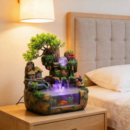 Mini Artificial Bonsai Tree Waterfall Fog Feature Rock Tabletop Fountain | 11in Desktop Decor Waterfall Fountain W/ Water Pump& Atomizer&LED Lights &Fake Tree Office Bedroom Relax