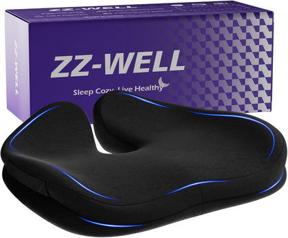ZZ-WELL Seat Cushion for Office Chairs, Black, 21.2 Inches | Coccyx Cushion for Tailbone Pain, Memory Foam, Extra Large Thick, Patented Pressure Relief, Computer Gaming Chair