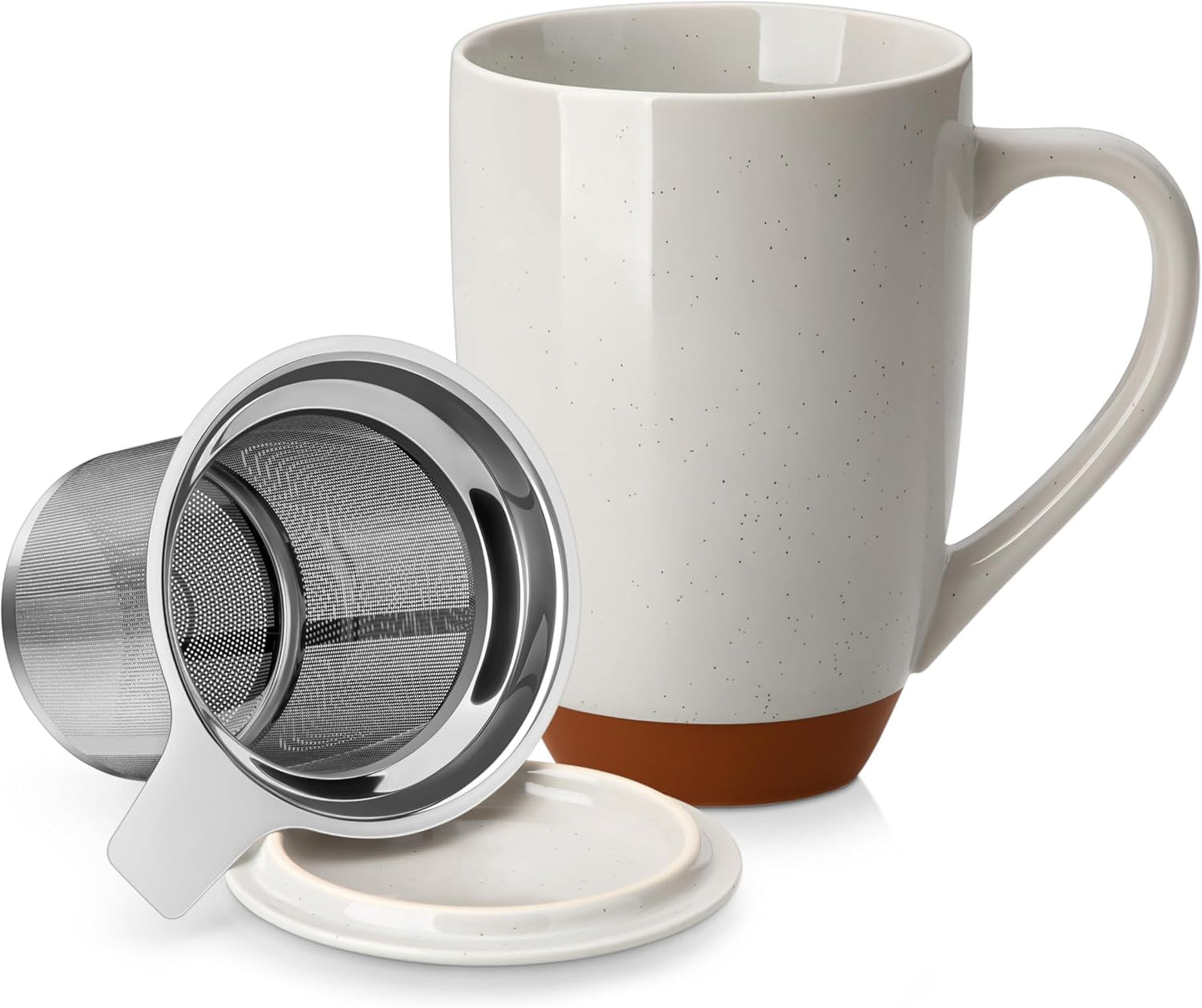 MALACASA Ceramic Tea Mug with Lid and Stainless Steel Infuser, 18 oz Large Tea Cup for Loose Leaf Tea, Heat-Resistant, Microwave & Dishwasher Safe, Speckled Glaze Coffee & Tea Brewer Mug, Khaki White