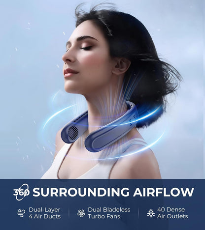 Neck Fan, 1s Fast Cooling Neck Cooler with Dual Ceramic Plates, 8H Long Runtime, 180° Adjustable Lightweight Bladeless Portable Personal Fan, Quiet Cooling for Outdoor（Dark Blue）