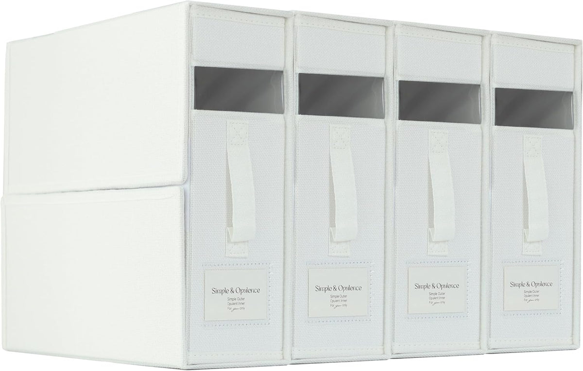 Simple&Opulence 4 Pack Bed Sheet Organizers and Storage, Linen Closet Organizers, Sheets Set Folder Storages with Window and Label (Queen/King Size) Organizing Bedding Container, Linen