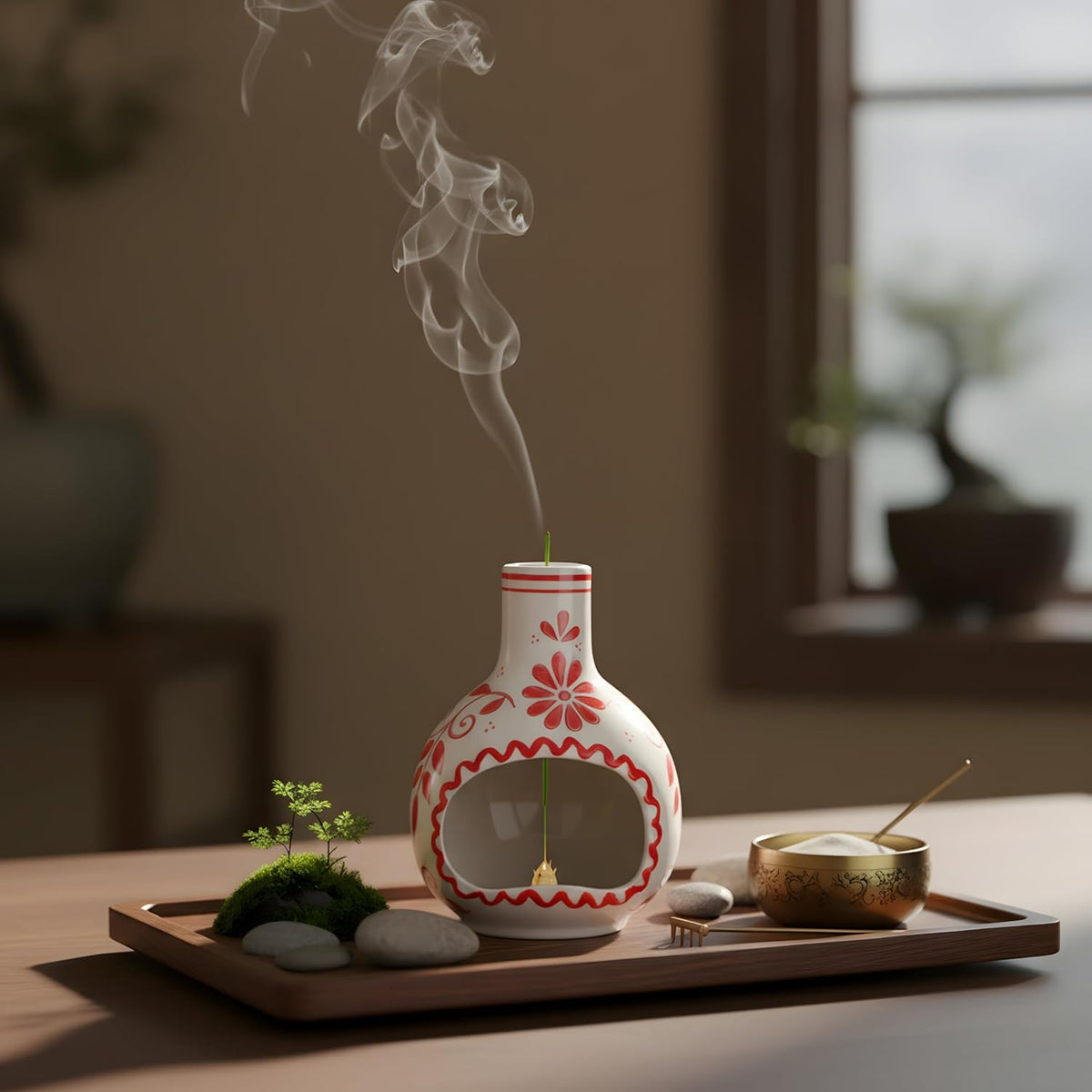 Ceramic Incense Holder–Handcrafted Palo Santo Holder with Chimney, Incense Burner with Ash Catcher for Sage, Cone Burning and Tealight, Perfect for Meditation, Yoga and Aromatherapy for Women