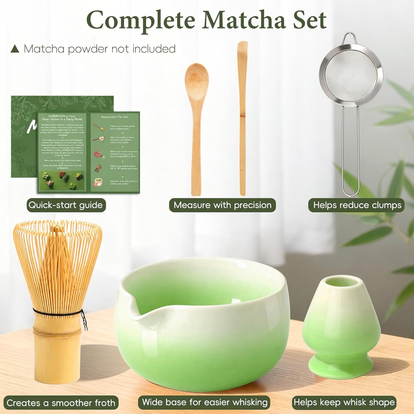 Matcha Whisk Set, Ceramic Matcha Set Includes Bowl & Holder, Bamboo Whisk (Chasen), Scoop, Spoon and Sifter, 6PCS Matcha Kit Covers Everything Needed for Making Matcha (Green)