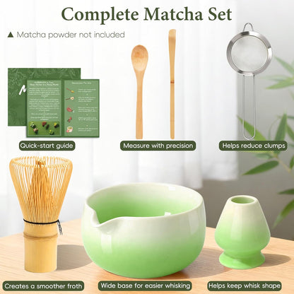 Matcha Whisk Set, Ceramic Matcha Set Includes Bowl & Holder, Bamboo Whisk (Chasen), Scoop, Spoon and Sifter, 6PCS Matcha Kit Covers Everything Needed for Making Matcha (Green)
